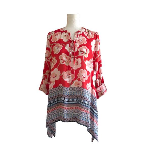 Rafaella Blouse Red Floral Tie Front Rolled Tab Sleeve Blouse Top Medium NEW - Picture 3 of 15